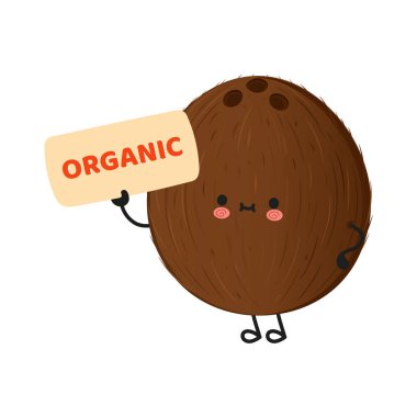 Elinde organik ürün tanıtan bir tabela tutan kawai suratlı şirin hindistan cevizi karakteri. Sağlıklı tropik yiyecek konsepti