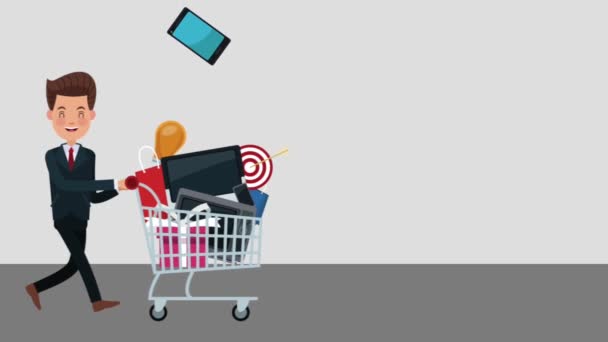 Businessman pulling shopping cart — Stock Video