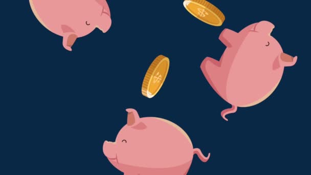 Cerdito y monedas cayendo fondo — Vídeo de stock