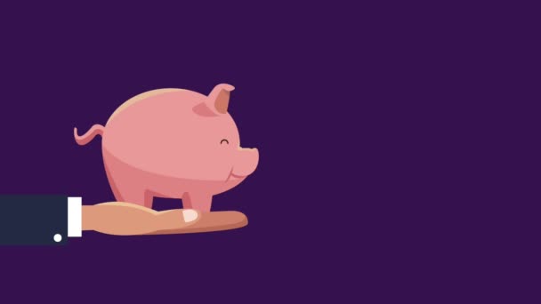 Экономия свиньи на фоне падающих монет — стоковое видео