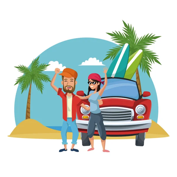 Amigos Viajando Para Praia Com Design Gráfico Ilustração Vetor Carro — Vetor de Stock