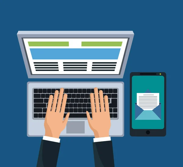 Händer med bärbar dator och smartphone — Stock vektor