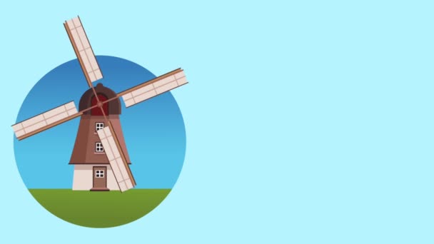 Ветряная мельница в пейзаже круглый символ HD анимации — стоковое видео
