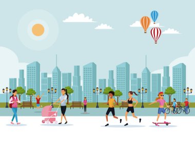 Güneşli bir gün sahne vektör çizim grafik tasarım parkta insanlarda