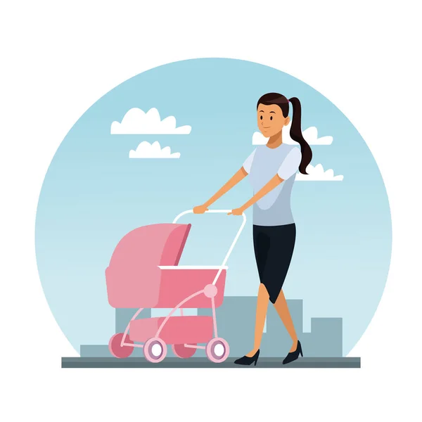 Young mother with pram — Stock Vector