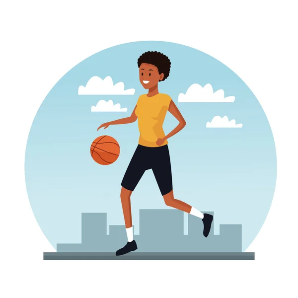 Mujer joven entrenando baloncesto — Vector de stock