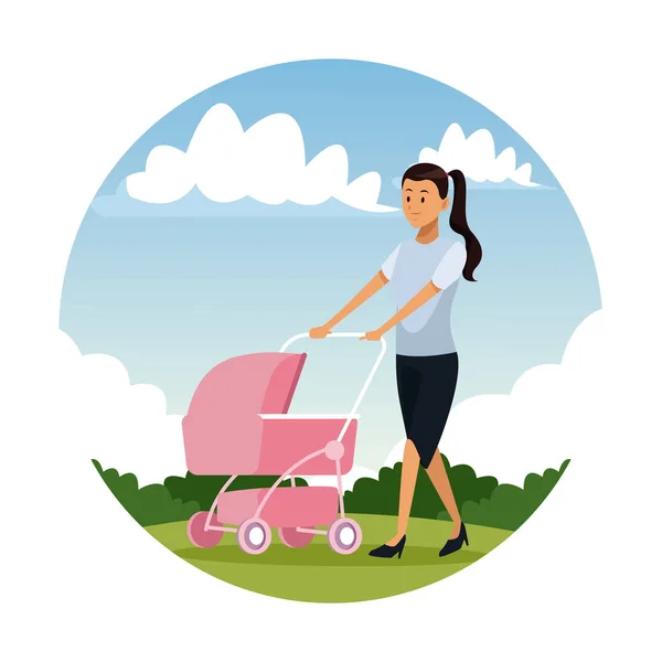 Junge Mutter mit Kinderwagen — Stockvektor