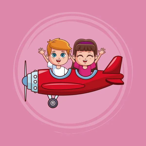 Lindos niños volando en avión — Vector de stock