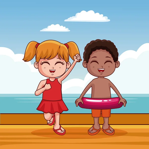 Милые дети на пляже мультфильм — стоковый вектор