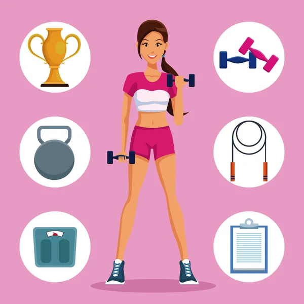 Fitness-Frau mit Sport-Symbolen — Stockvektor