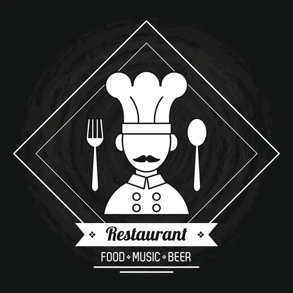 Restaurante y emblema de la comida en blanco y negro — Vector de stock