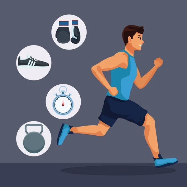 Fitness Man Loopt Met Sport Ronde Symbolen Vector Illustratie Grafisch — Stockvector