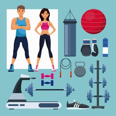 İnsanlar ve spor salonu ekipman kümesi