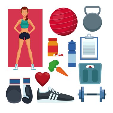 İnsanlar ve spor salonu ekipman kümesi