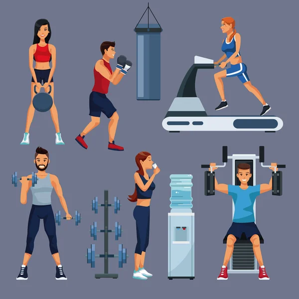 Conjunto de personas y equipo de gimnasio — Vector de stock