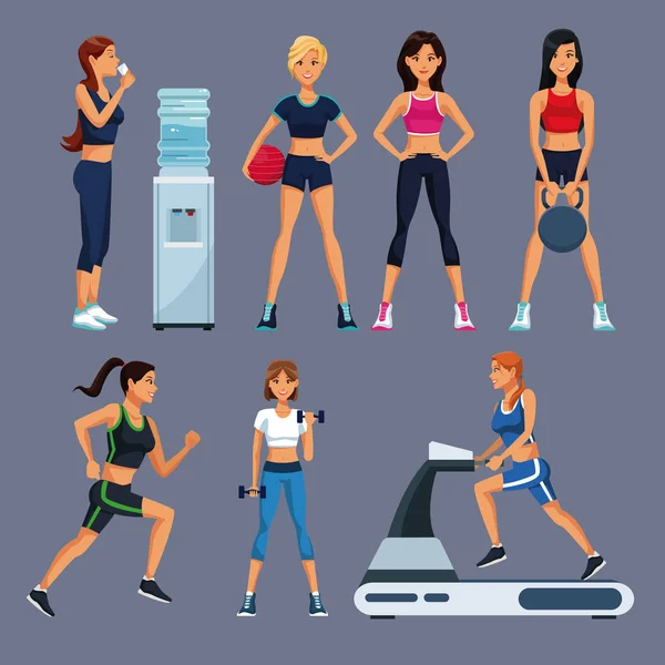 İnsanlar ve spor salonu ekipman kümesi