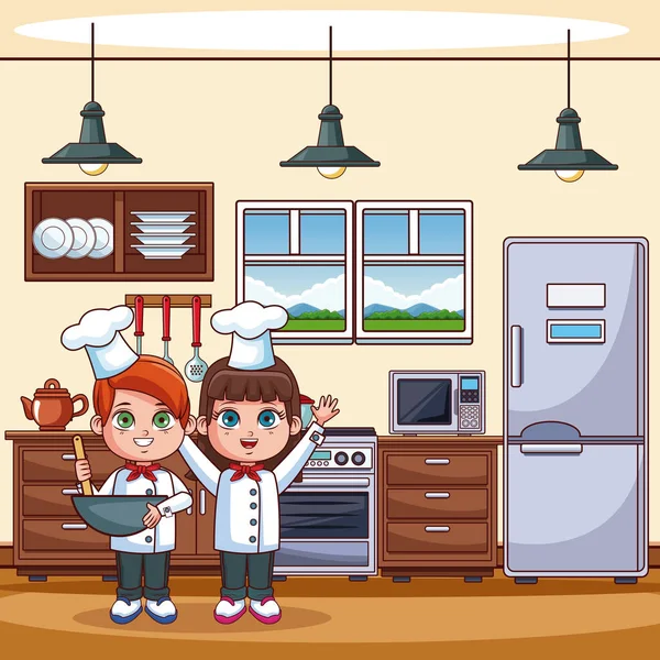 Chef crianças na cozinha — Vetor de Stock