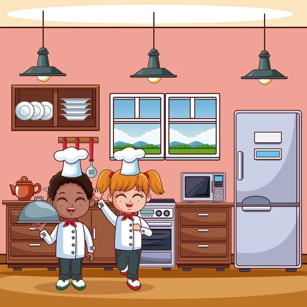 Chef niños en la cocina — Vector de stock