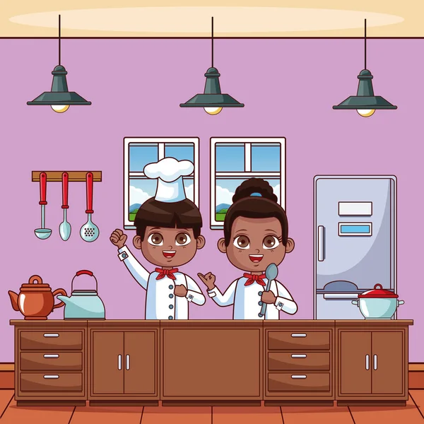 Kinderen van de chef-kok in de keuken — Stockvector