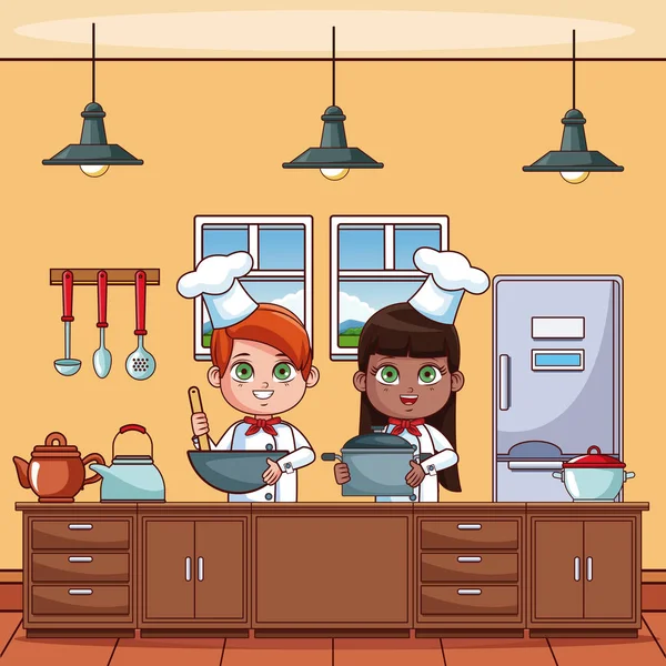 Chef bambini in cucina — Vettoriale Stock