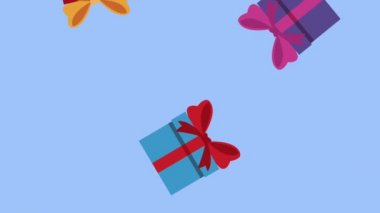 Mavi arka plan yüksek çözünürlüklü animasyon renkli sahneleri düşen hediye kutuları