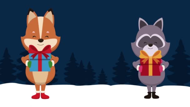 Weihnachtskarte und niedliche Tiere hd Animation — Stockvideo