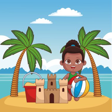Çocuk ve plaj sevimli çizgi film