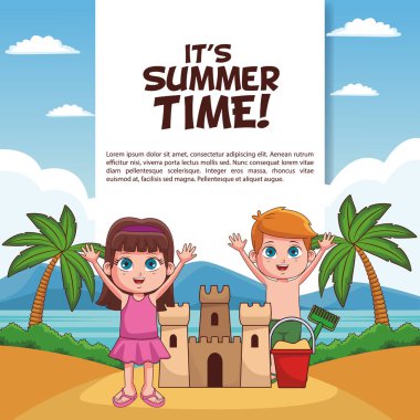 Onun yaz saati poster beach karikatürler çocuklar ile vektör çizim grafik tasarım