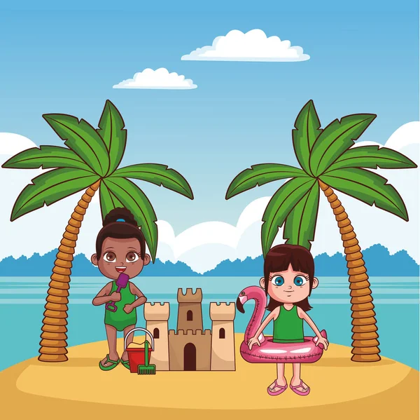 Kids and beach cute cartoons — Stock Vector