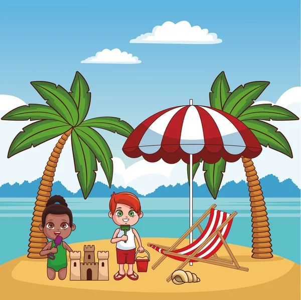 Kids and beach cute cartoons — Stock Vector