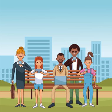 İnsanlar park sandalye ile teknoloji, cityscape vektör çizim grafik tasarım oturmuş