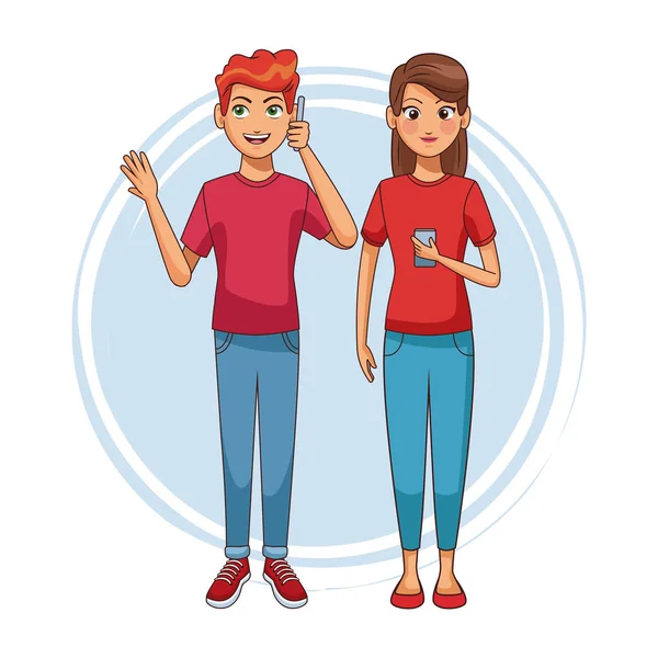 Tieners met smartphones cartoons — Stockvector