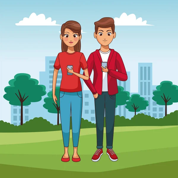 Adolescenti con smartphone cartoni animati — Vettoriale Stock