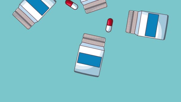 Comprimidos e frascos de medicamentos HD animação — Vídeo de Stock