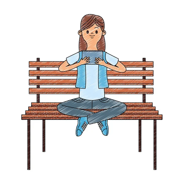 Flicka sittande på stol med bärbara videogame scribble — Stock vektor
