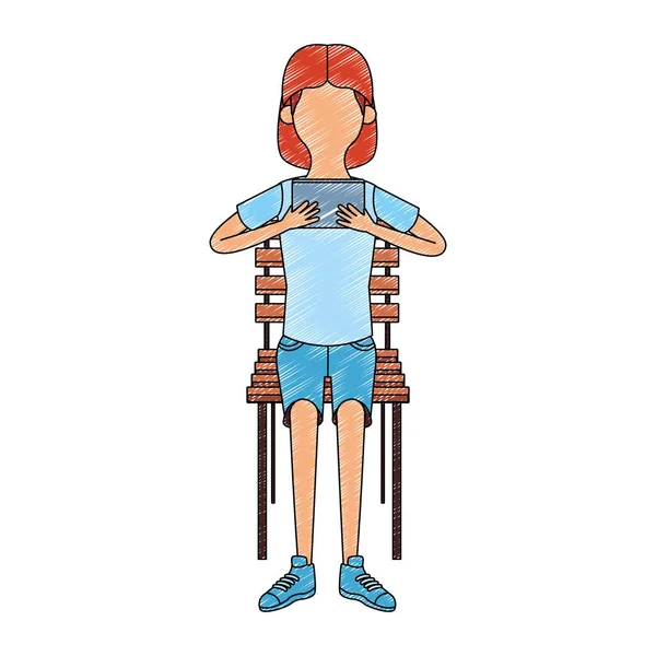 Fille assise sur une chaise en utilisant un jeu vidéo portable griffonner sans visage — Image vectorielle