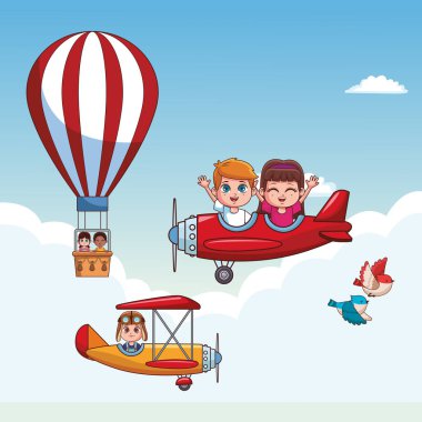 Cute kids flying cartoons clipart