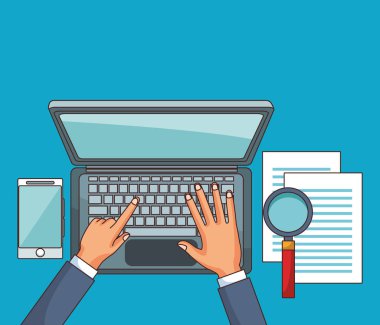 Masada levha ile laptop ve smartphone kullanarak eller illüstrasyon grafik tasarım vektör