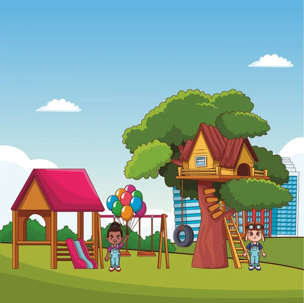 Kinder spielen im Park Cartoons — Stockvektor