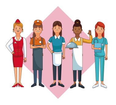 Çalışmalarını ayarla ve kadın meslekler çizgi film illüstrasyon grafik tasarım vektör