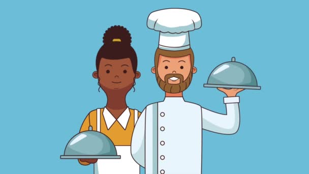 Chef y camarero animación HD — Vídeo de stock