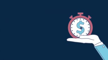 Zamanlayıcı ile para sembol çizgi film yüksek çözünürlüklü renkli animasyon sahneleri tutan el