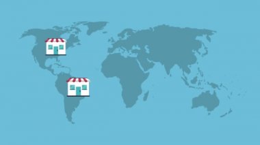 Dünya çapında mavi arka plan üzerinde yüksek tanımlı animasyon renkli sahneleri depolar.