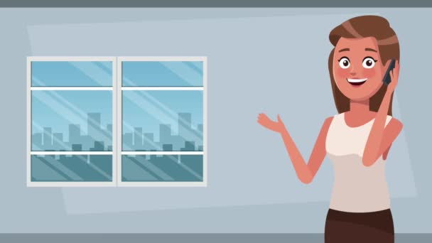 Office Yüksek Çözünürlüklü Animasyon Renkli Sahne Smartphone Ile Konuşurken Işkadını — Stok video
