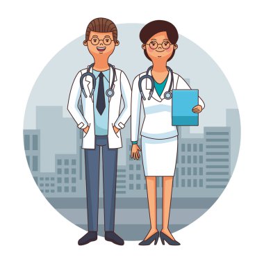 Doktorlar çalışması City yuvarlak simge karikatürler vektör çizim grafik tasarım