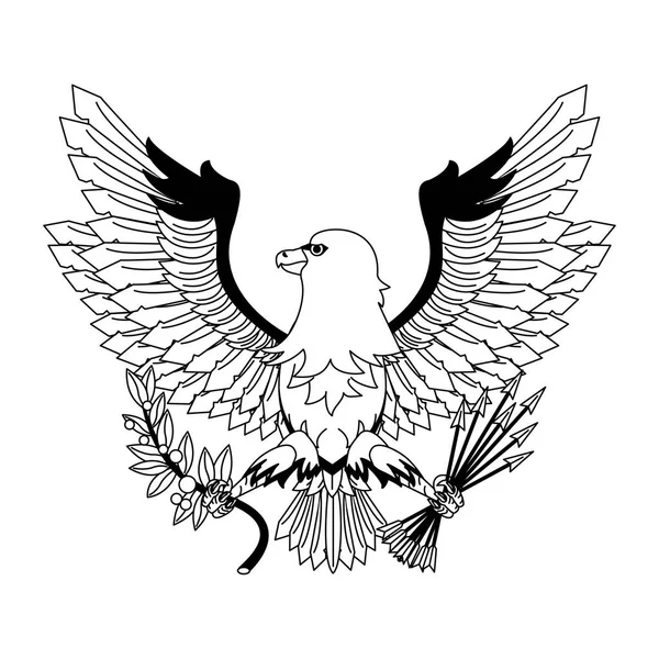 Águila con flechas y hojas en blanco y negro — Vector de stock