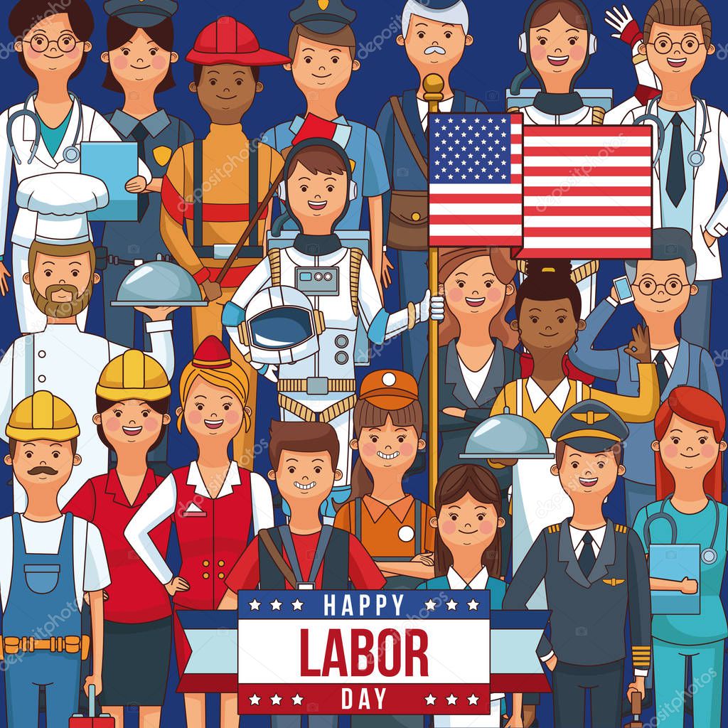 Happy labor day card with people professions and jobs cartoons vector illustration graphic design