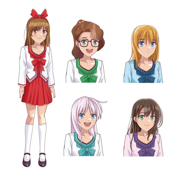 Set dari anime wanita muda profil - Stok Vektor