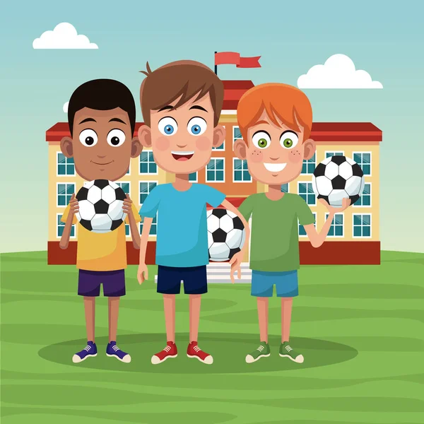 Ragazzi della scuola con palloni da calcio — Vettoriale Stock