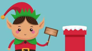 Sevimli Noel elf ahşap işareti ve boru çizgi film yüksek çözünürlüklü animasyon renkli sahneleri ile
